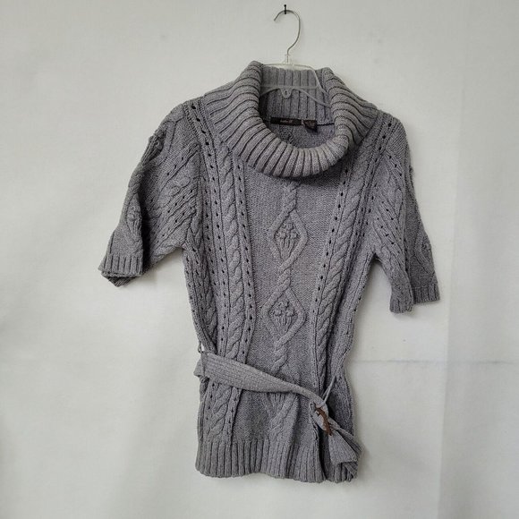 Heather B Sweater Women S Short Sleeve Chunky Cable Belted Turtleneck Tunic Grey - Picture 1 of 11